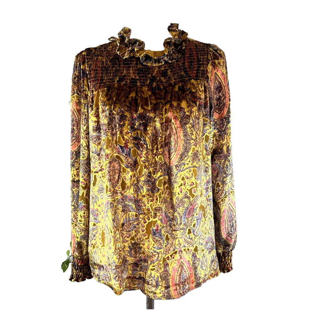 Ivy Jane Blouse Top size Extra Small Gold Blue Paisley Velour Smocking Peasant